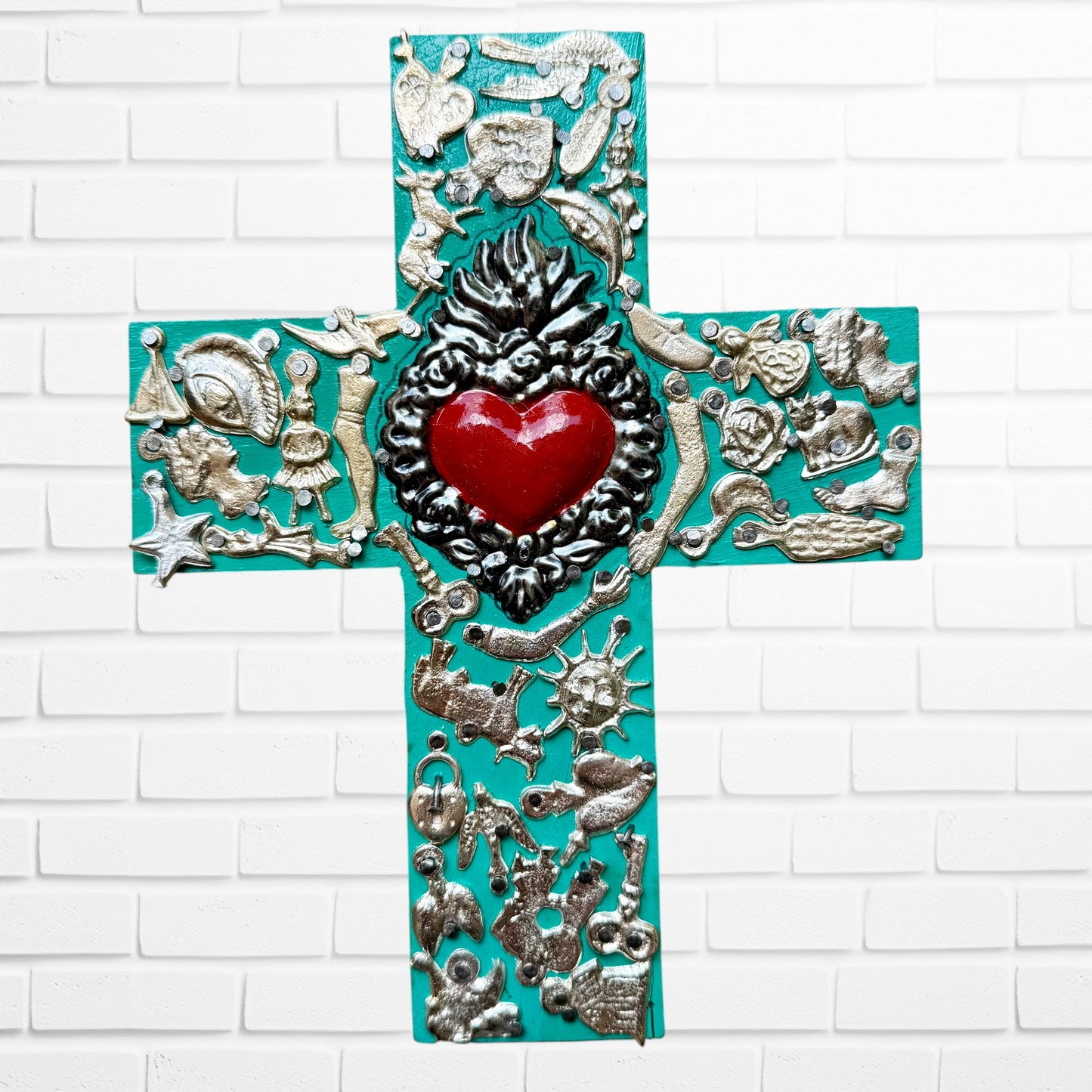 Milagros Flaming Heart Medallion Cross