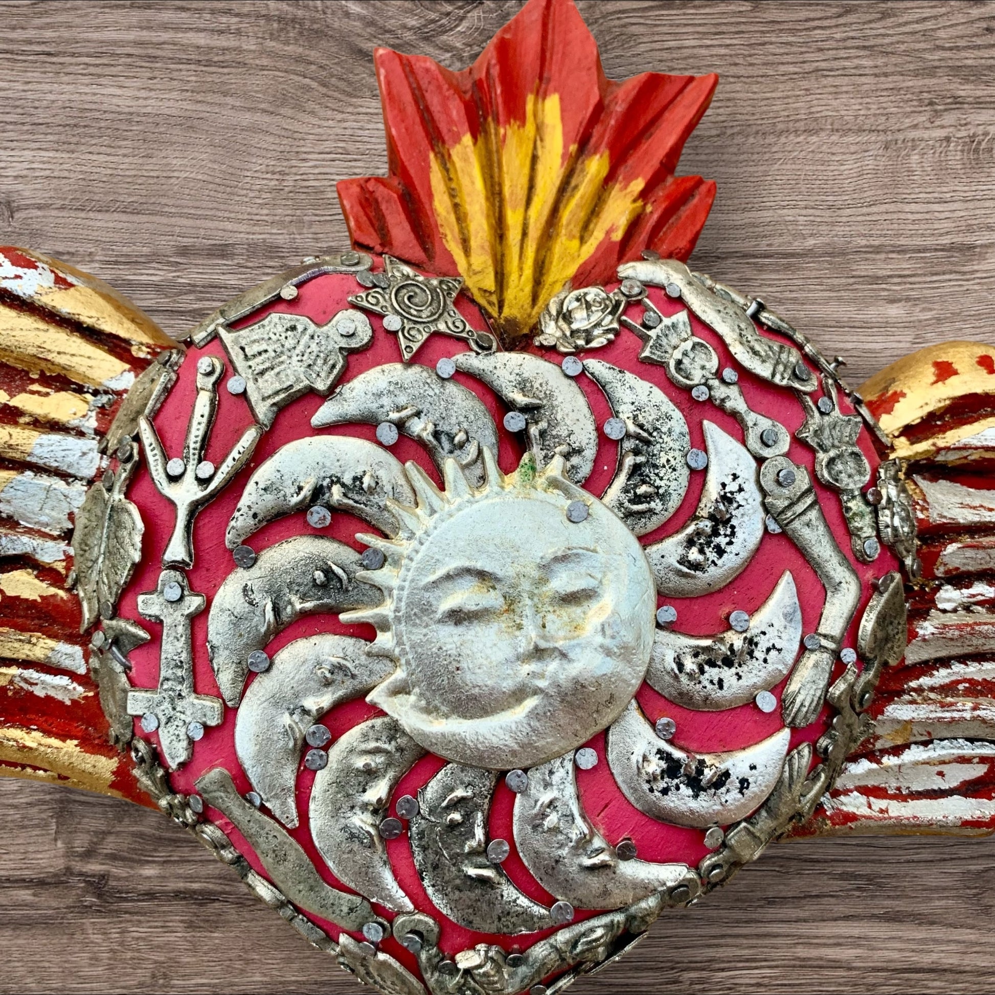 Rustic Milagros Winged Sacred Heart Center sun and moon