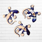 Three ceramic lizard wall decorations in a glossy cobalt blue and natural beige glaze, arranged on a white painted brick wall back view.