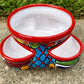 Hand painted Mexican Talavera Strawberry pot with a large top opening a four pockets on each side.  Trim color is bright red, body has multi-color designs. This is the other side view.