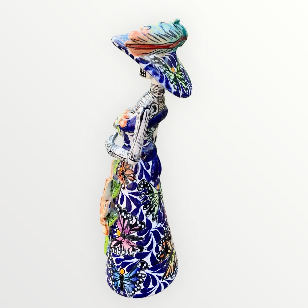Mexican Talavera Catrina skeleton doll with Calla lilies and butterflies Right side