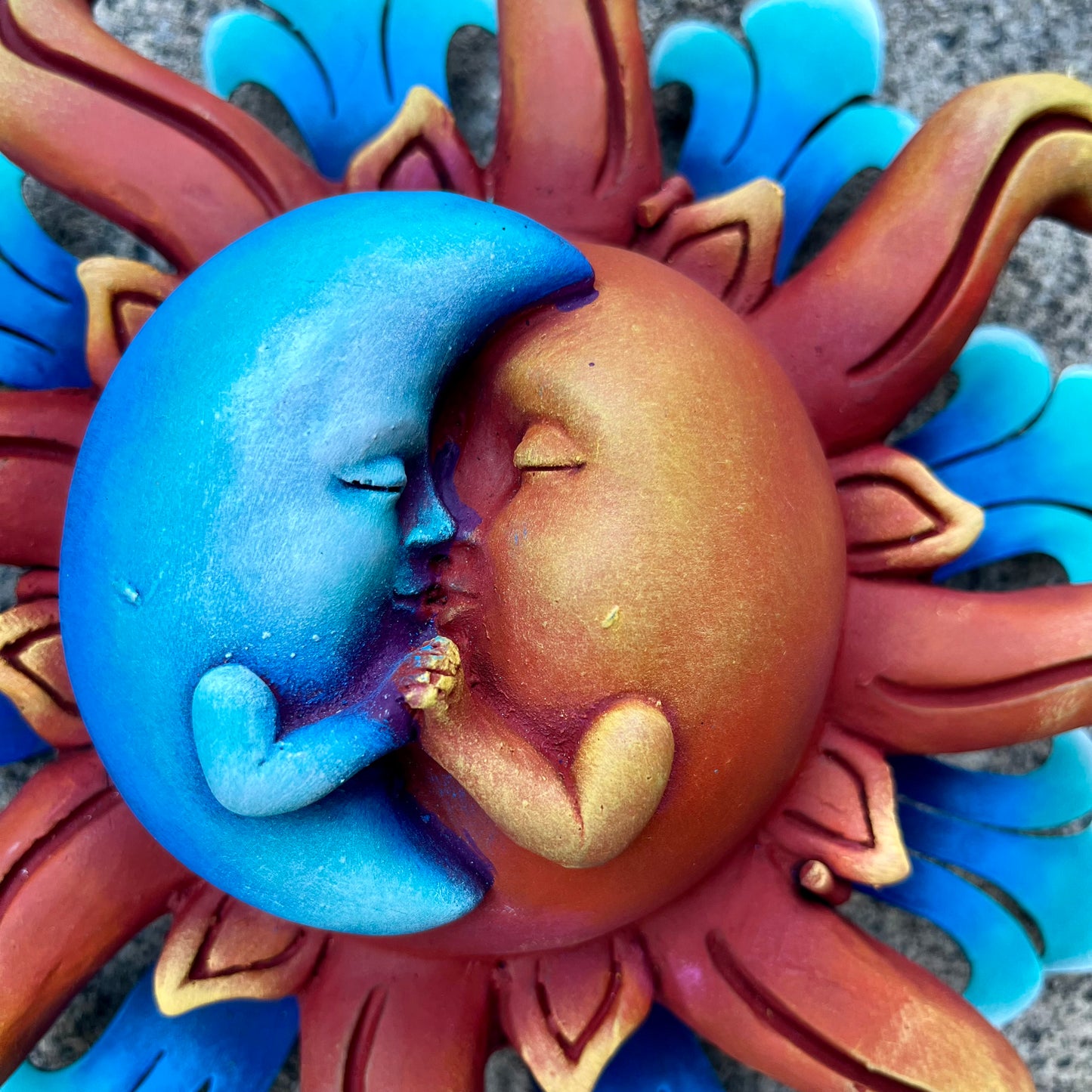 Sun and blue moon holding hands wall art faced