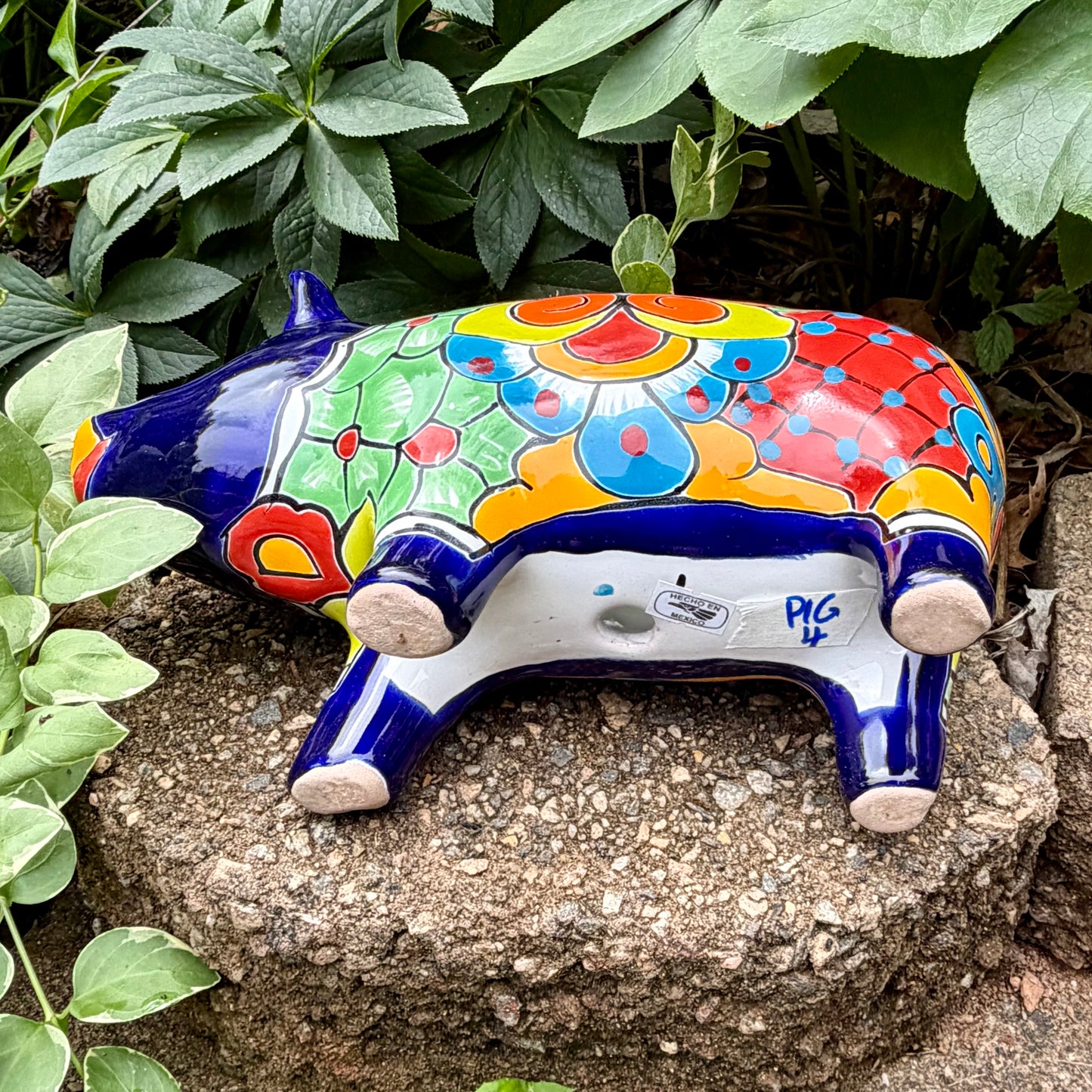 Colorful Talavera ceramic pig planter on a stone surface with green plants in the background bottom drain hole