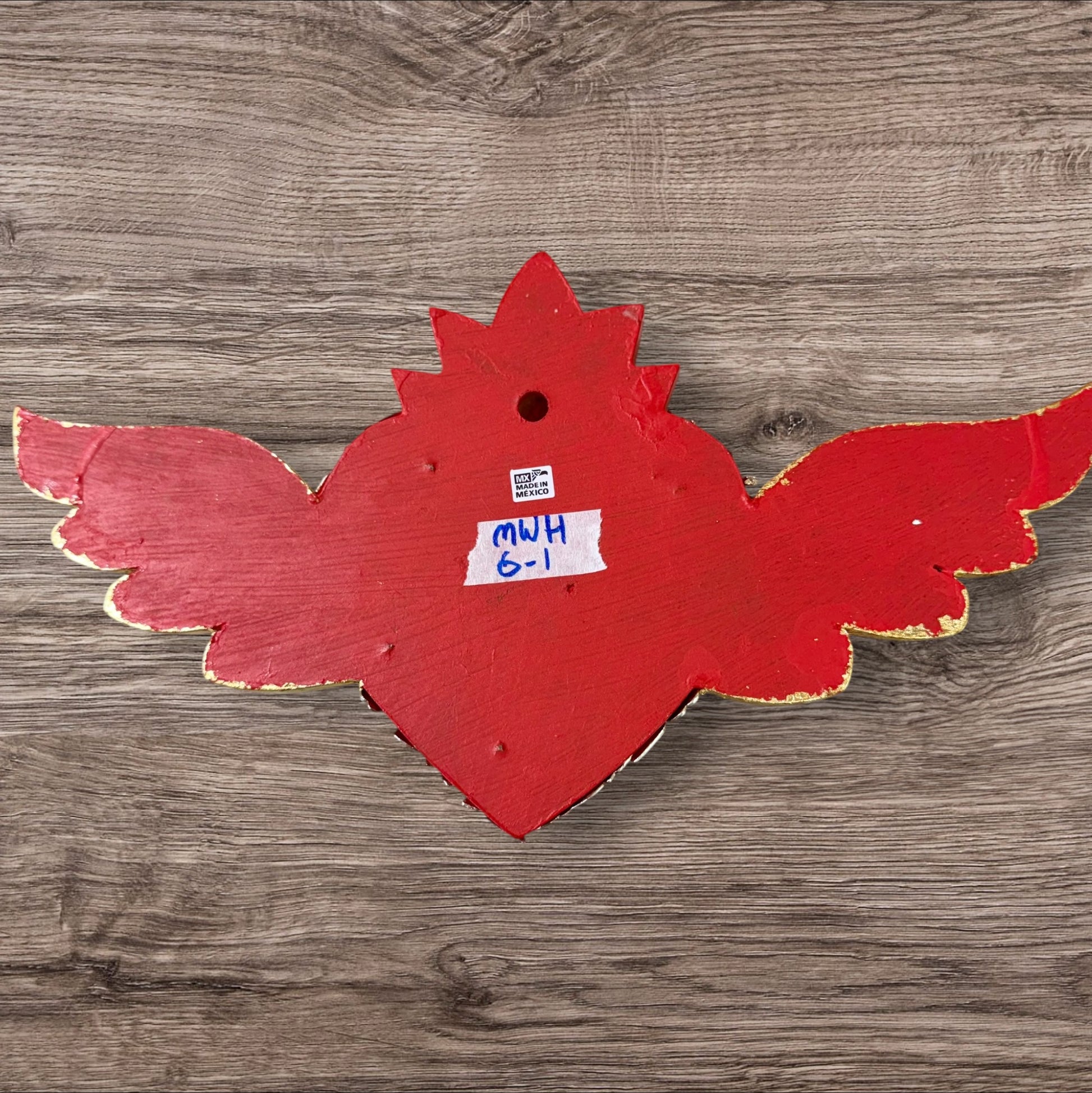 Winged Mexican Milagros Sacred Heart wood wall art Back