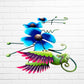 Decorative metal wall art with three blue flowers and a colorful hummingbird on a white brick background bird three dimensional view.