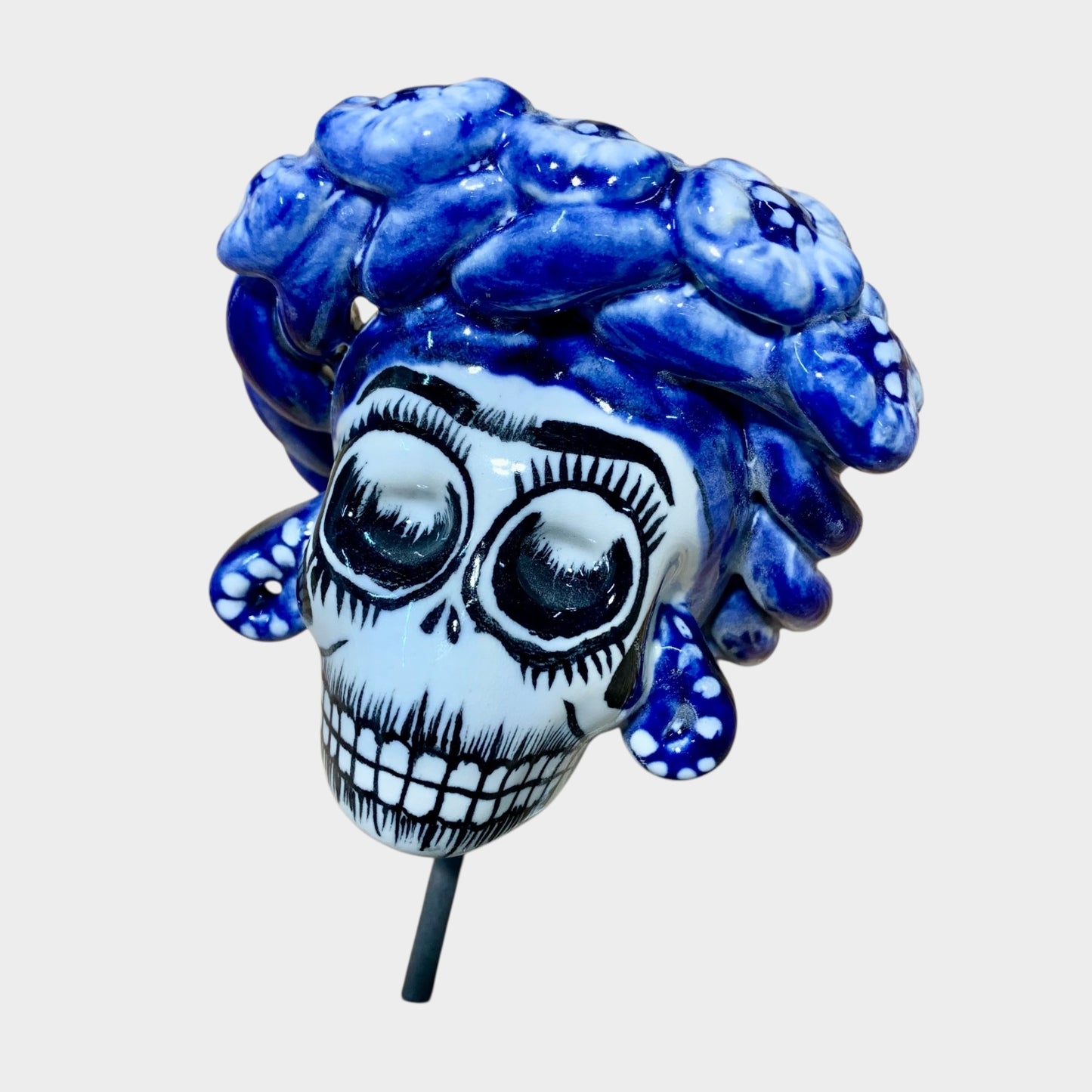 Mexican Talavera Frida, and animal friends Catrina doll blue and white Detached head piece 
