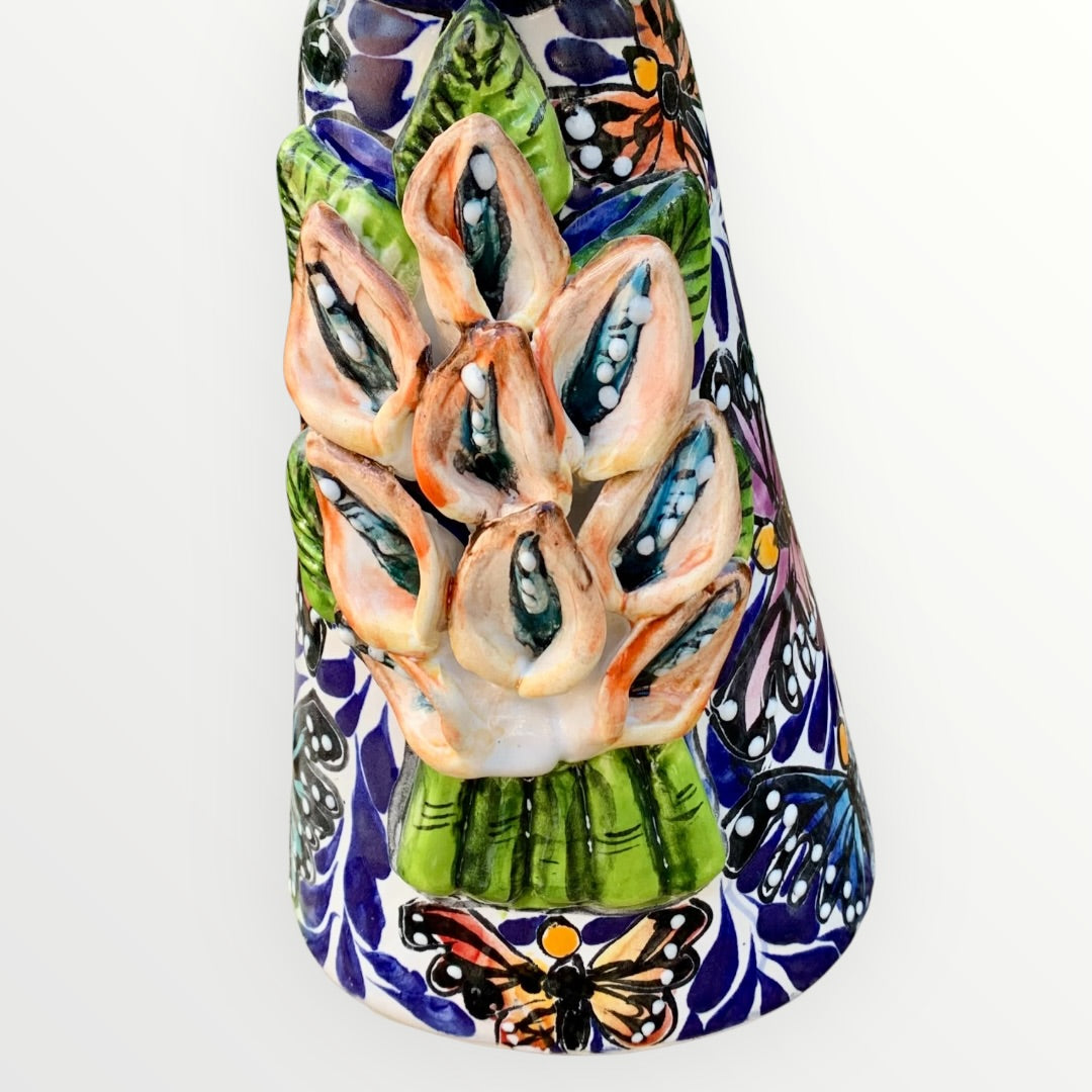 Mexican Talavera Catrina skeleton doll with Calla lilies and butterflies, Lillies close up