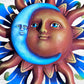 Close-up of sun, face and moon, face, metal sun, wall art