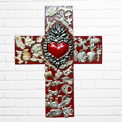 Milagros Flaming Heart Medallion Cross