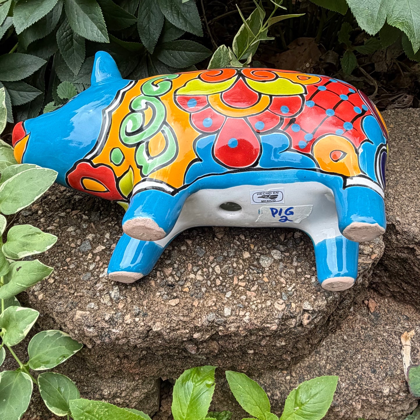 Colorful Talavera ceramic pig planter on a stone surface with green plants in  Background bottom drain hole.