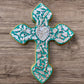 Milagros decorated wood cross blueish green with natural looking heart center
