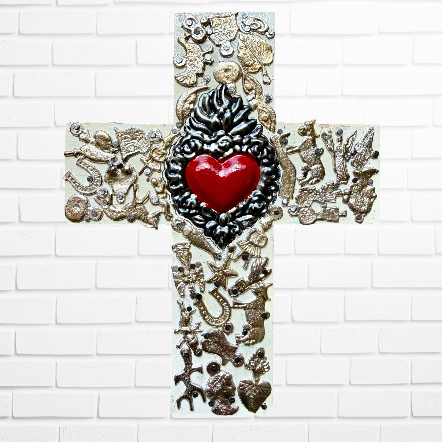 Milagros Flaming Heart Medallion Cross