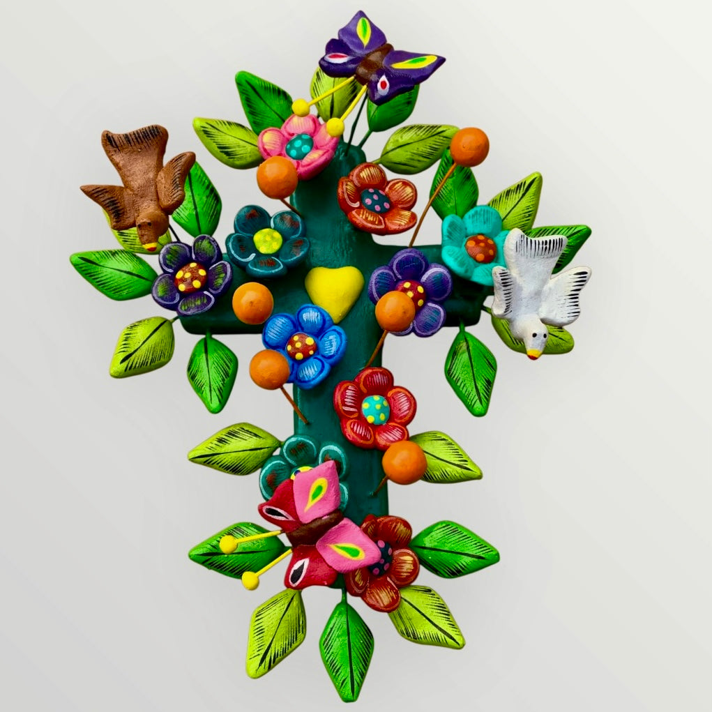 Ortega Pottery Folk art cross with leaves, flowers and butterflies Style Three