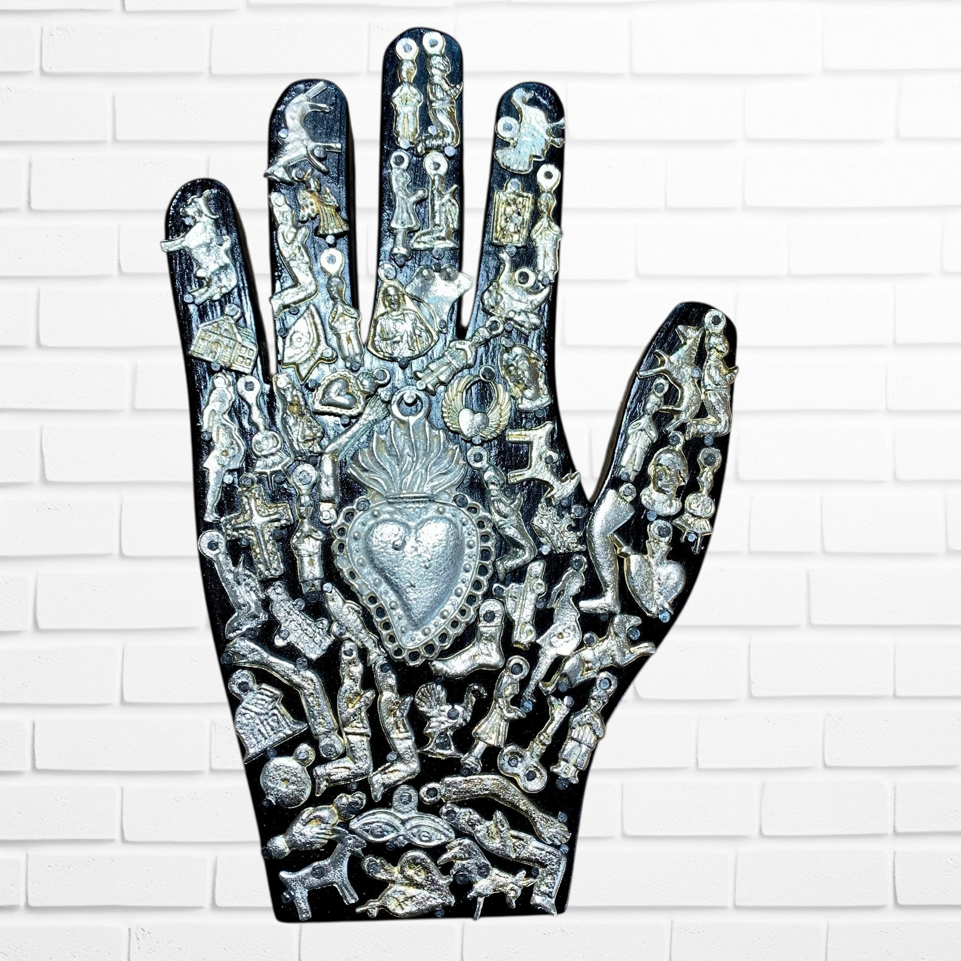 Healing Hand with Milagros charms Coal color