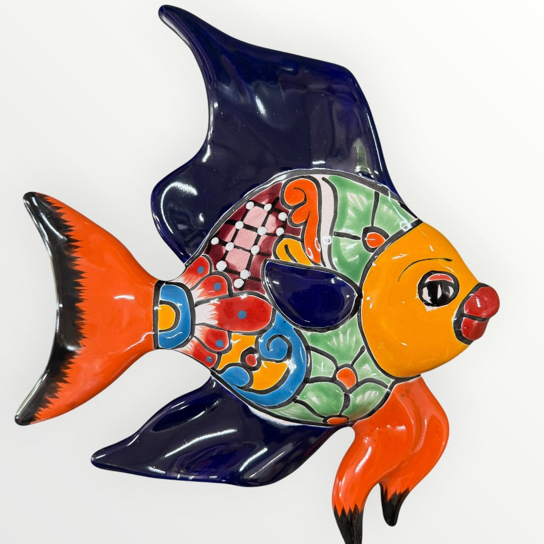 Colorful fish-shaped ceramic wall art on a white background large fish