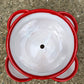 Hand painted Mexican Talavera Strawberry pot with a large top opening a four pockets on each side.  Trim color is cherry red, body has multi-color designs on each side. Photo shows top opening.