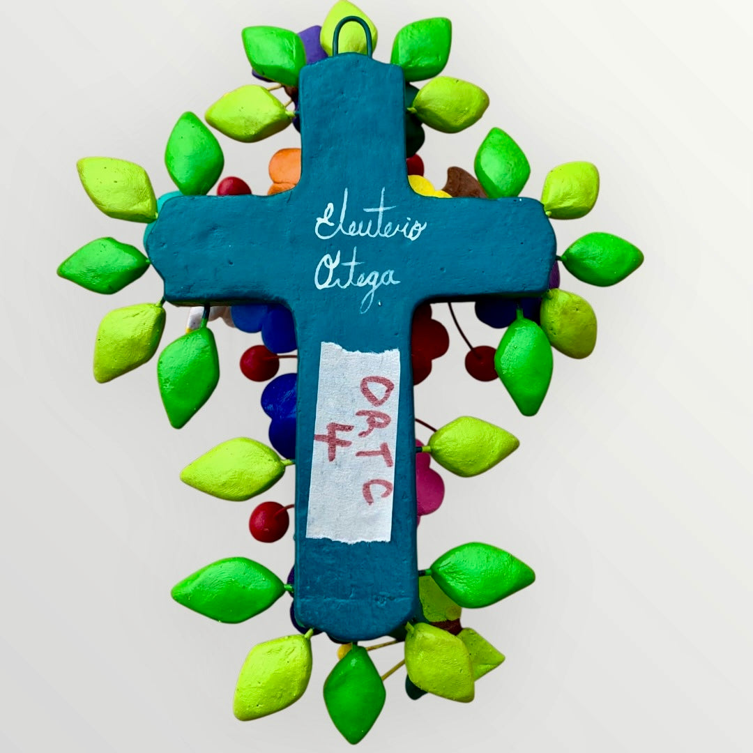 Ortega Pottery Folk art cross with leaves, flowers and butterflies signed back by Eleuterio Ortega