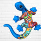 Colorful ceramic lizard wall art against a white brick wall background