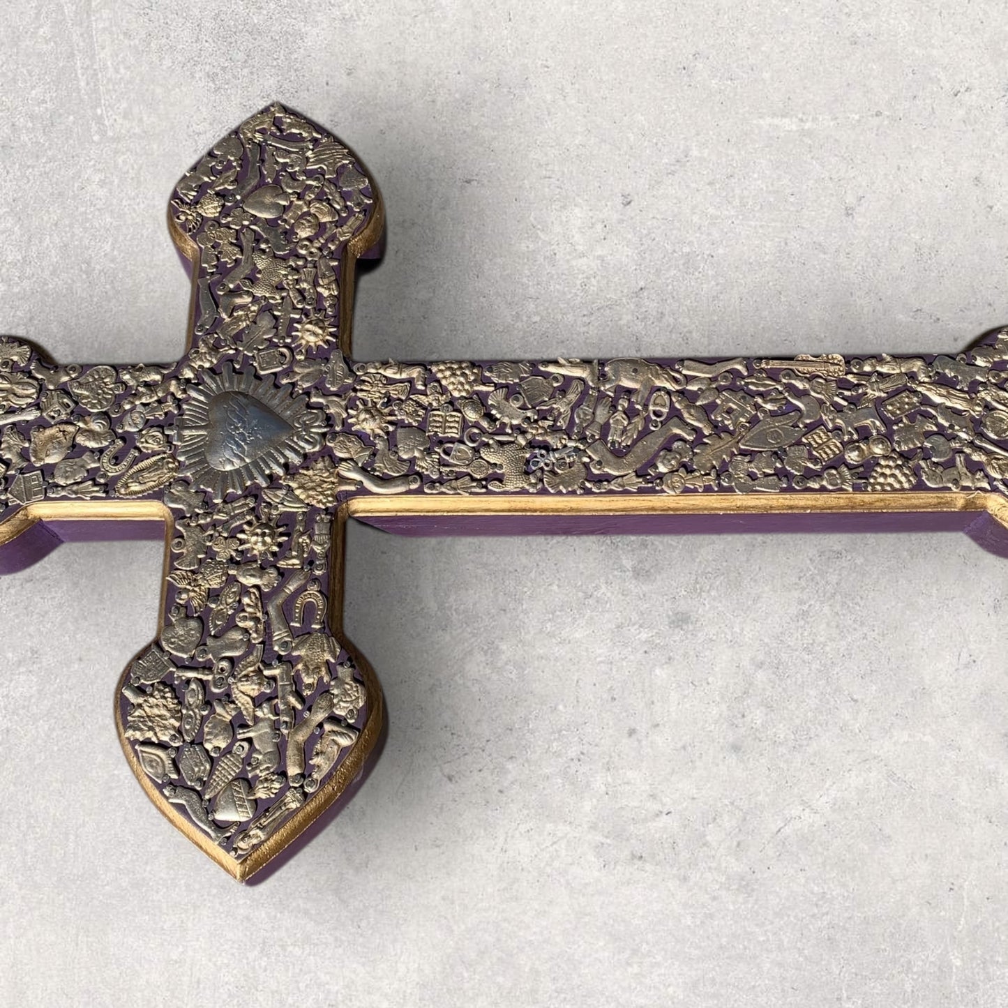 Milagros decorated wood cross xgrande left side view