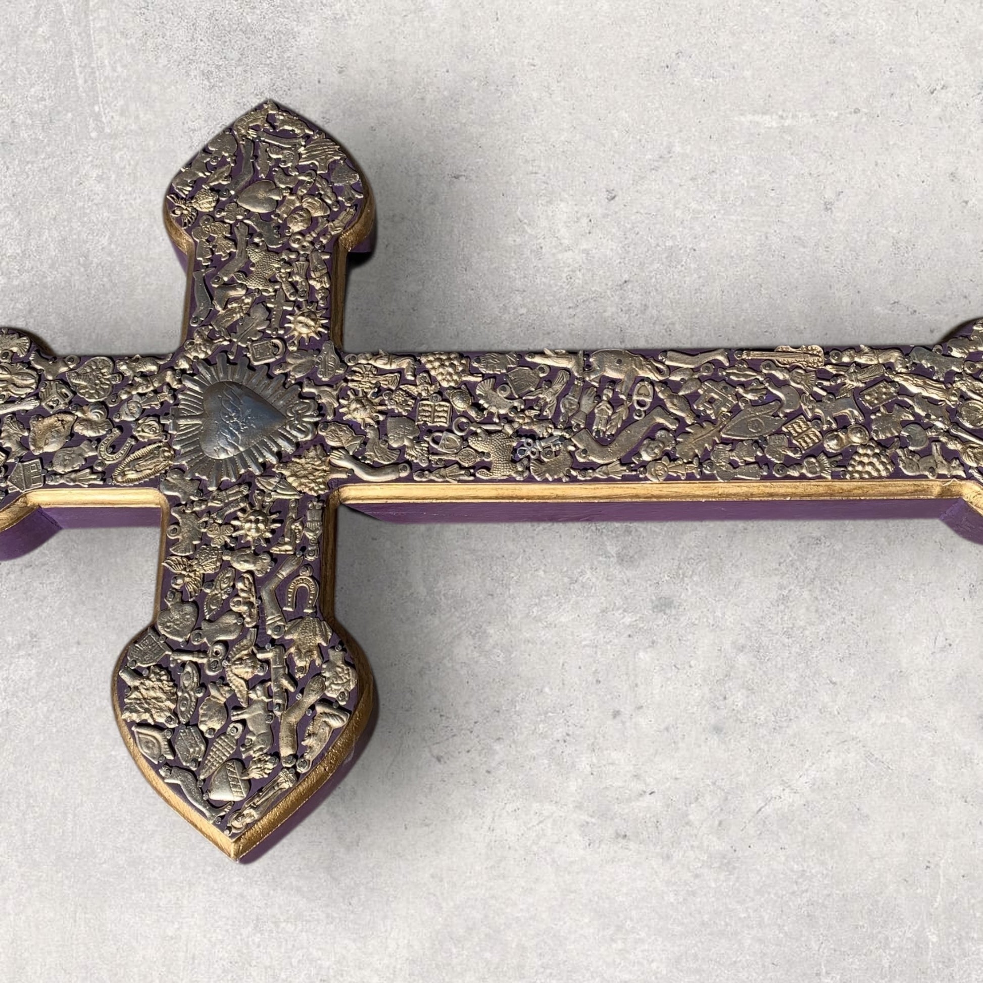 Milagros decorated wood cross xgrande left side view