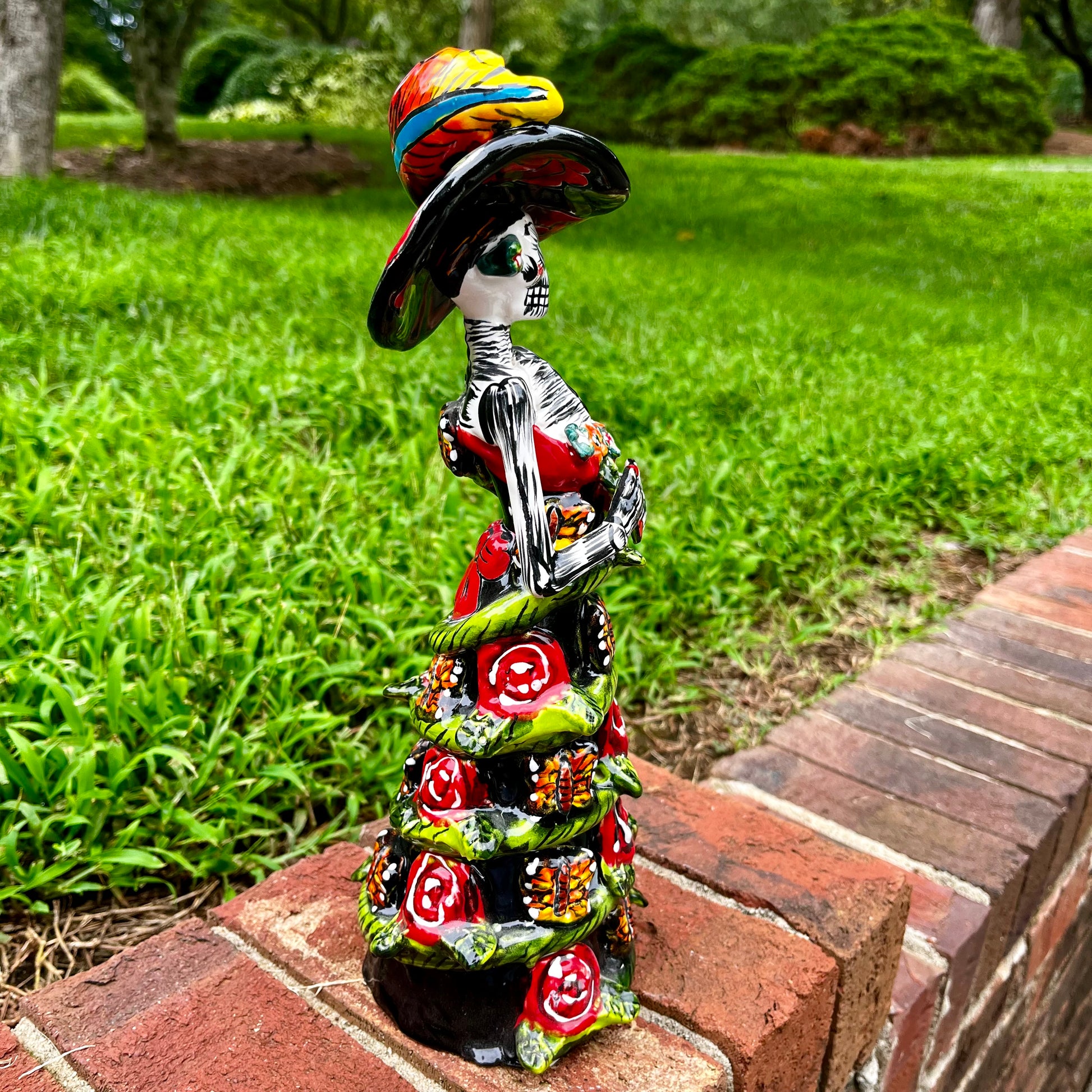 Talavera Mexican Catrina skeleton doll roses left side