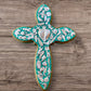 Milagros decorated wood cross blueish green