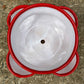 Hand painted Mexican Talavera Strawberry pot with a large top opening a four pockets on each side.  Trim color is bright red, body has multi-color designs. Photo of top opening 