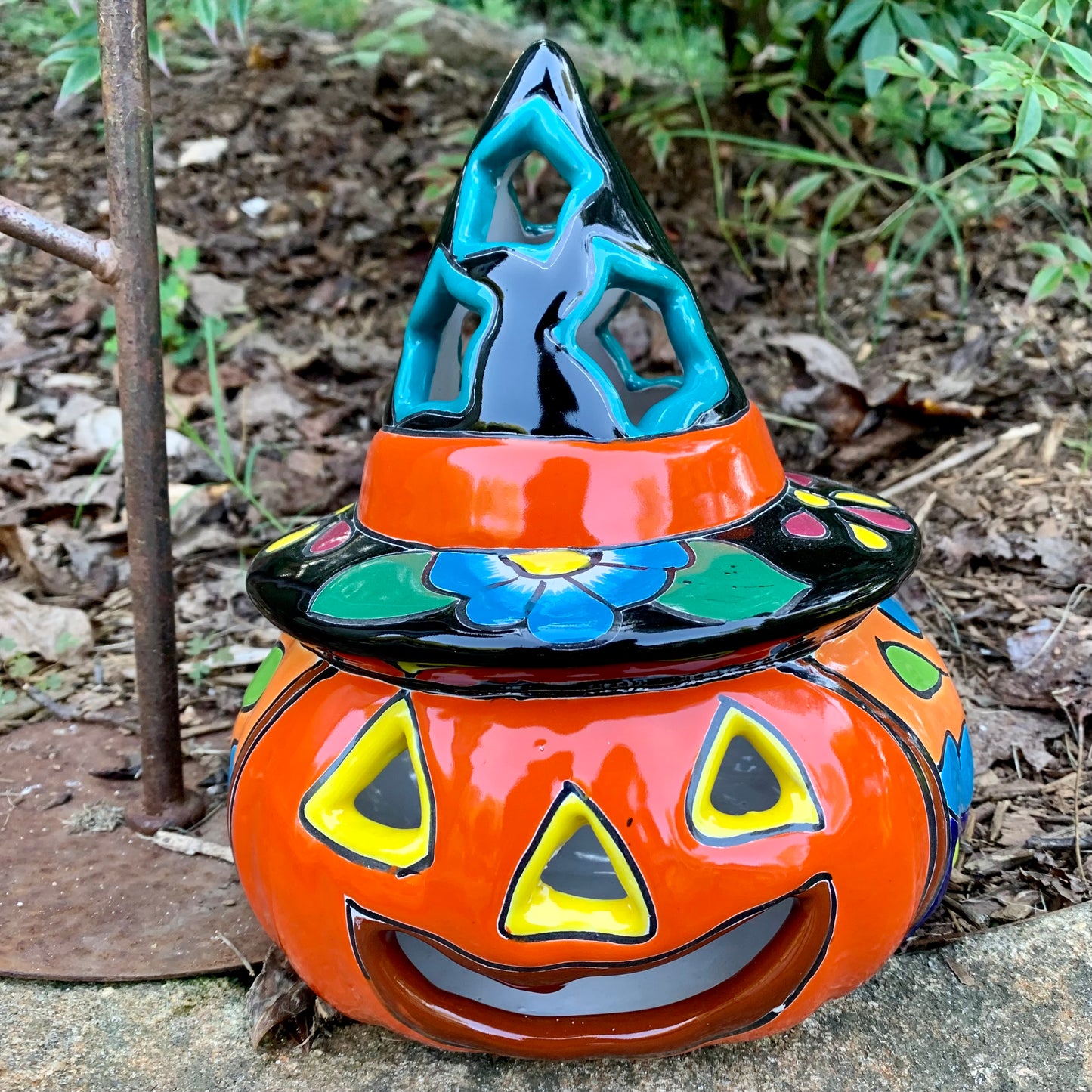 Talavera witchy pumpkin JOL wearing witch hat four