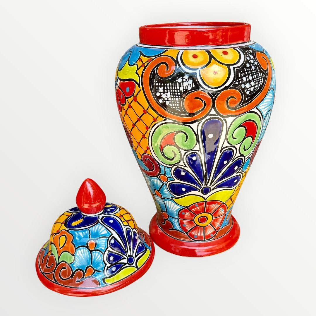 Colorful Mexican Talavera ceramic jar with lid decorated with intricate multicolor traditional patterns With lid offs 