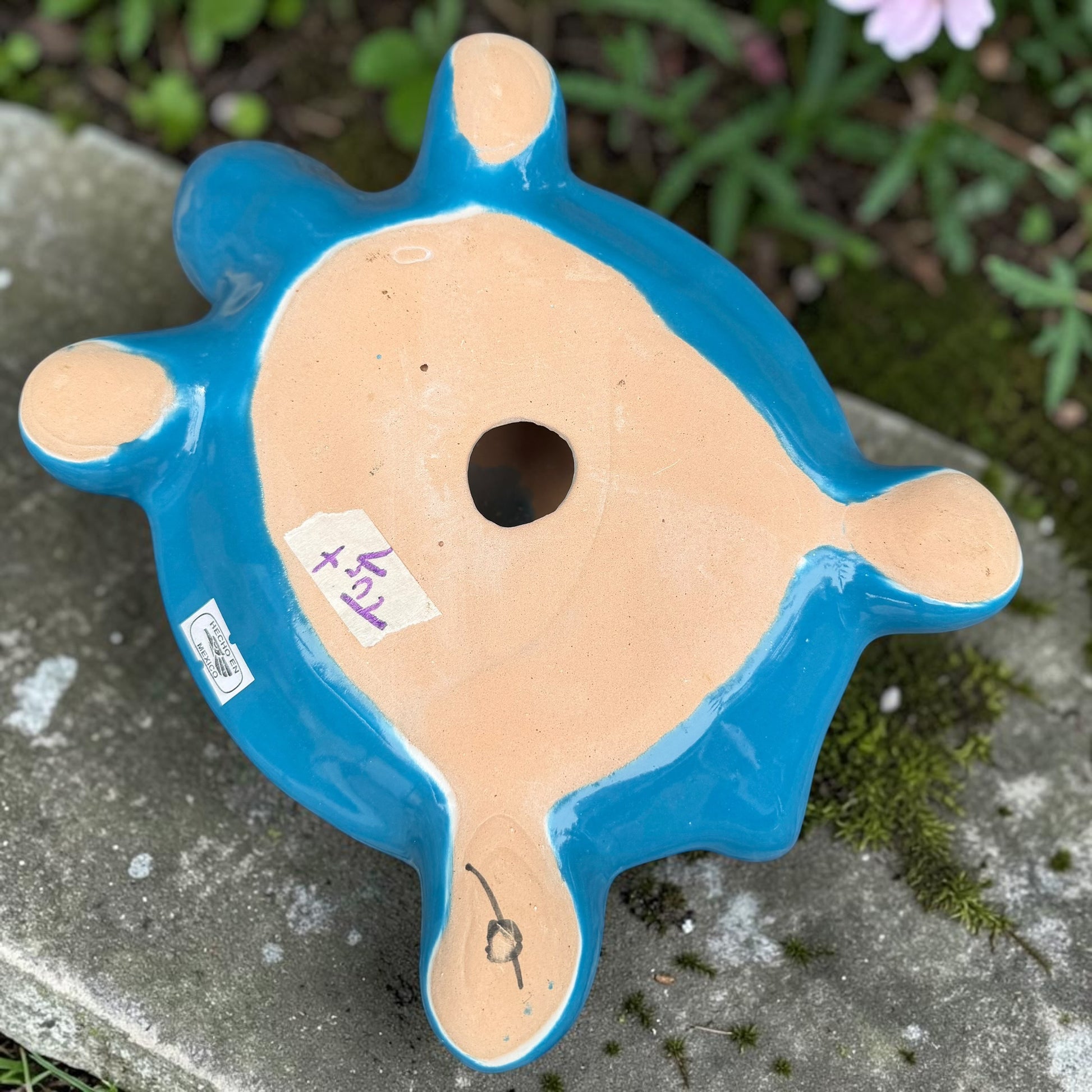A hand-painted ceramic turtle figurine resting on a mossy stone outdoors, featuring a bright blue body and a highly decorated shell with vibrant orange, yellow, red, and blue patterns, bottom view with hole.