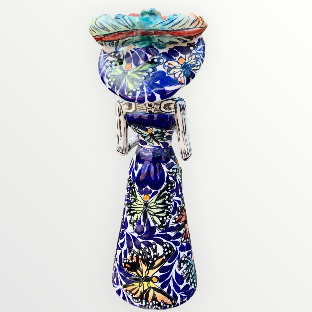 Mexican Talavera Catrina skeleton doll with Calla lilies and butterflies Back 