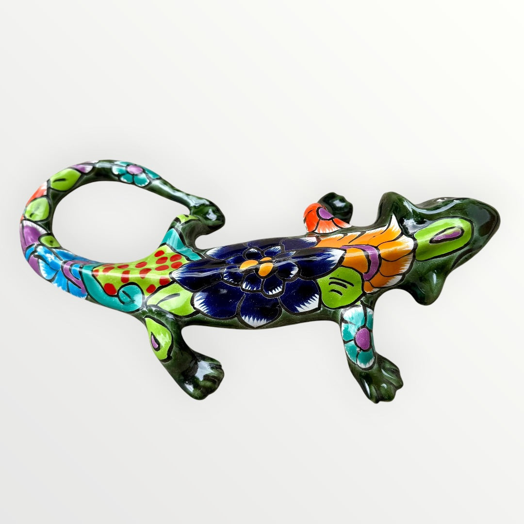 Mexican Talavera wall mounted iguana in dark green with multicolor designs left side