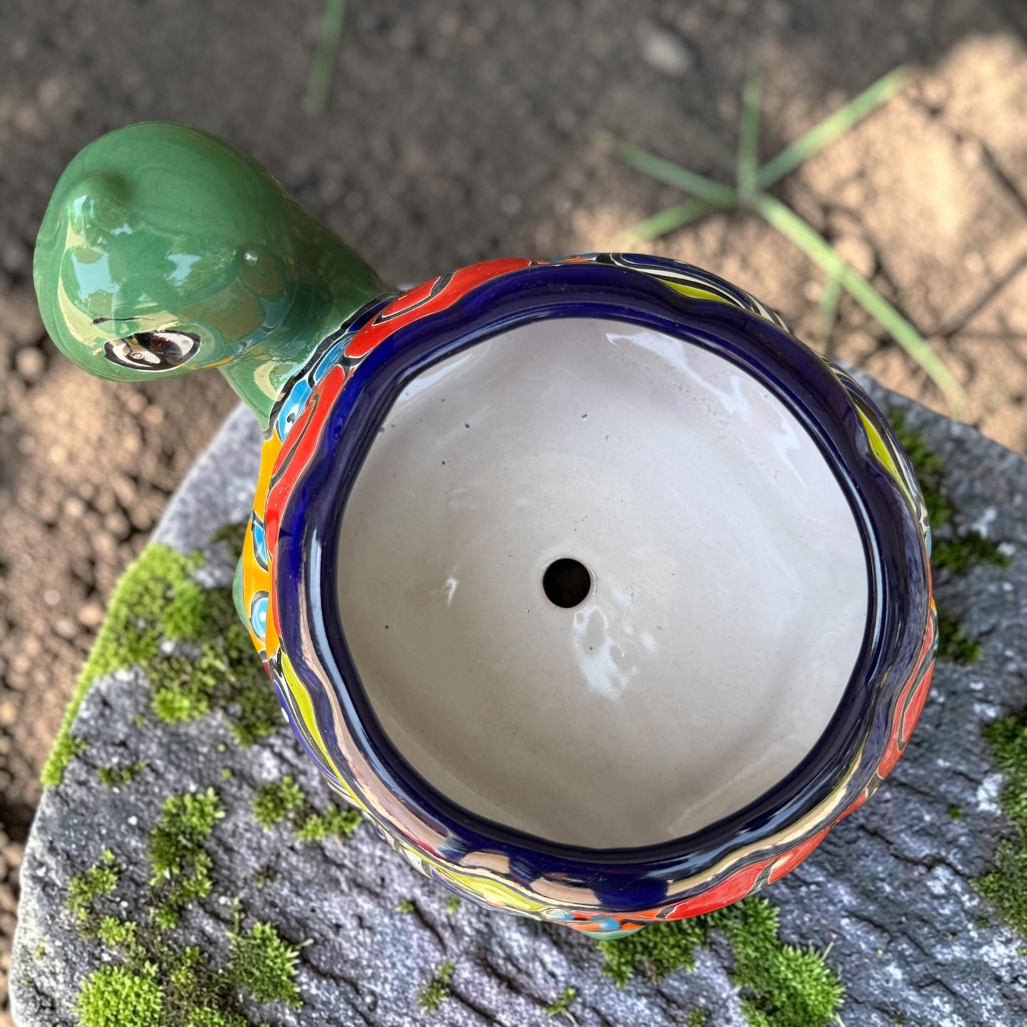 A colorful ceramic turtle-shaped planter with a green head and legs, decorated with vibrant hand-painted patterns in orange, yellow, blue, red, and white, sitting on a mossy stone outdoors. Top of turtle plant opening.