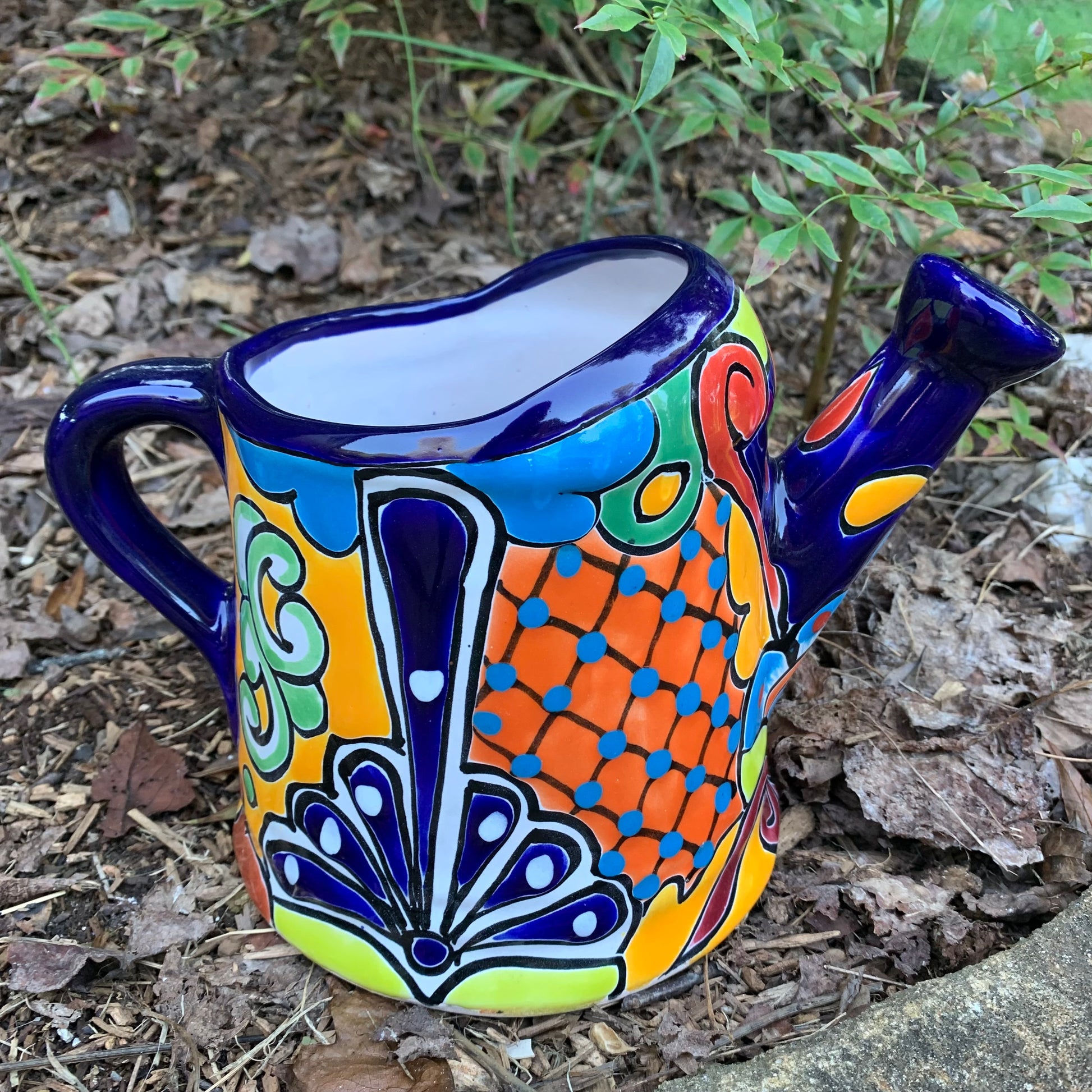 Mexican Talavera watering can planting pot blue two