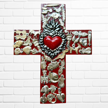 Milagros Flaming Heart Medallion Cross