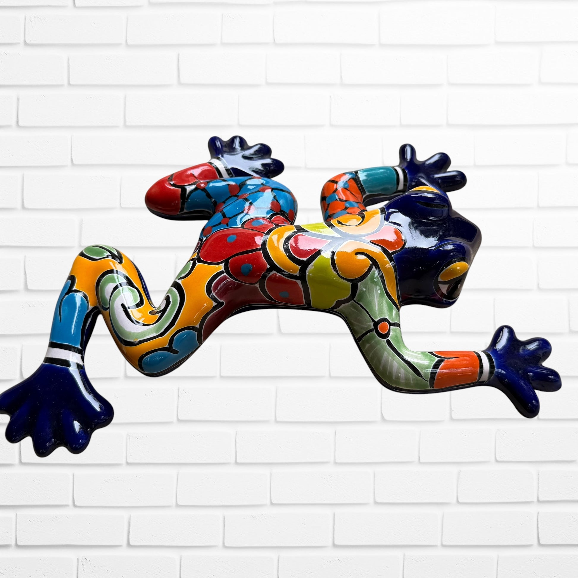 Left side view, Mexican Talavera multicolor bullfrog.