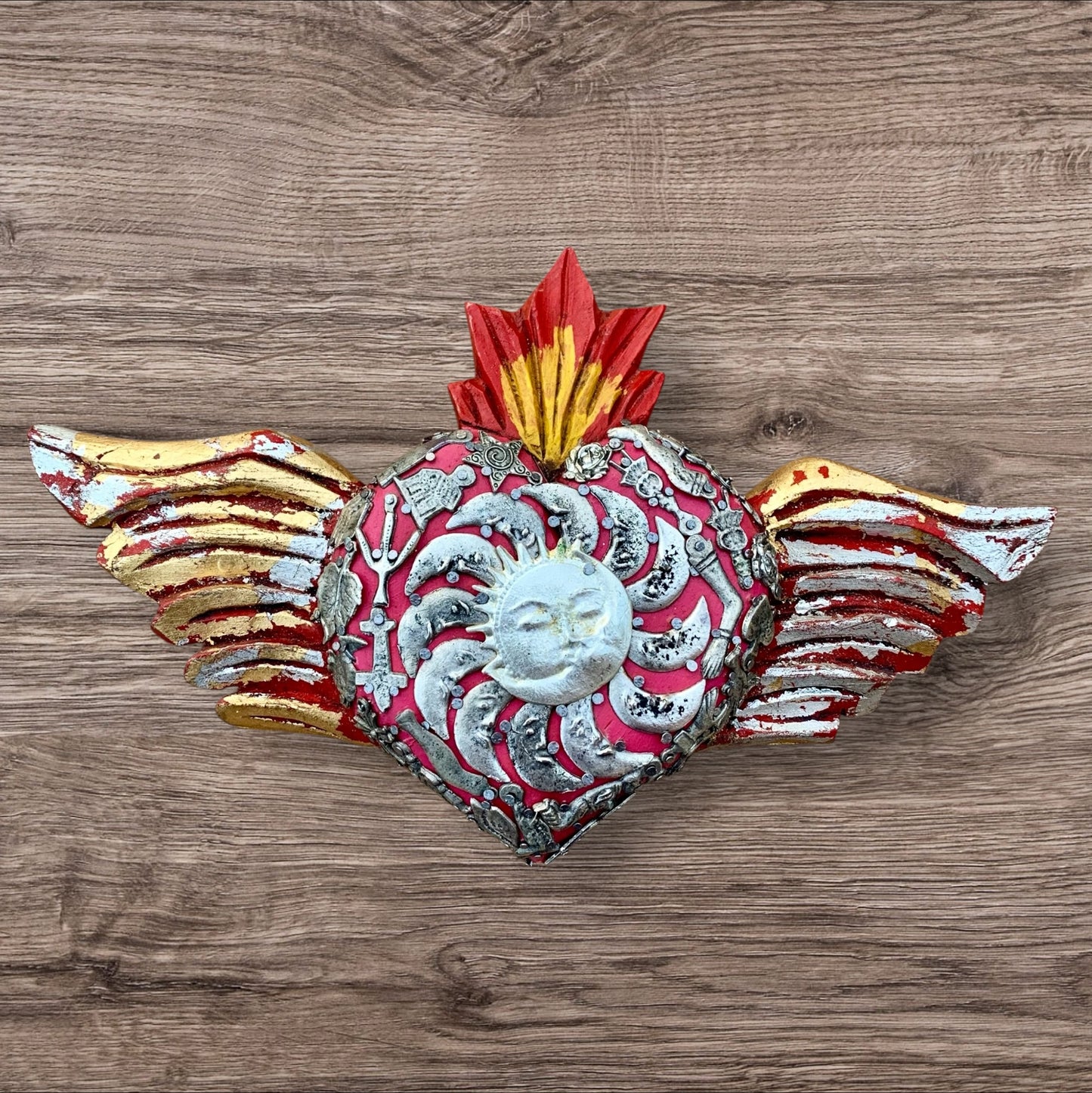 Rustic Milagros Winged Sacred Heart Front