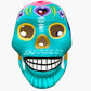 Colorful Mexican Sugar skull teal with vibrant designs on a white background front view 