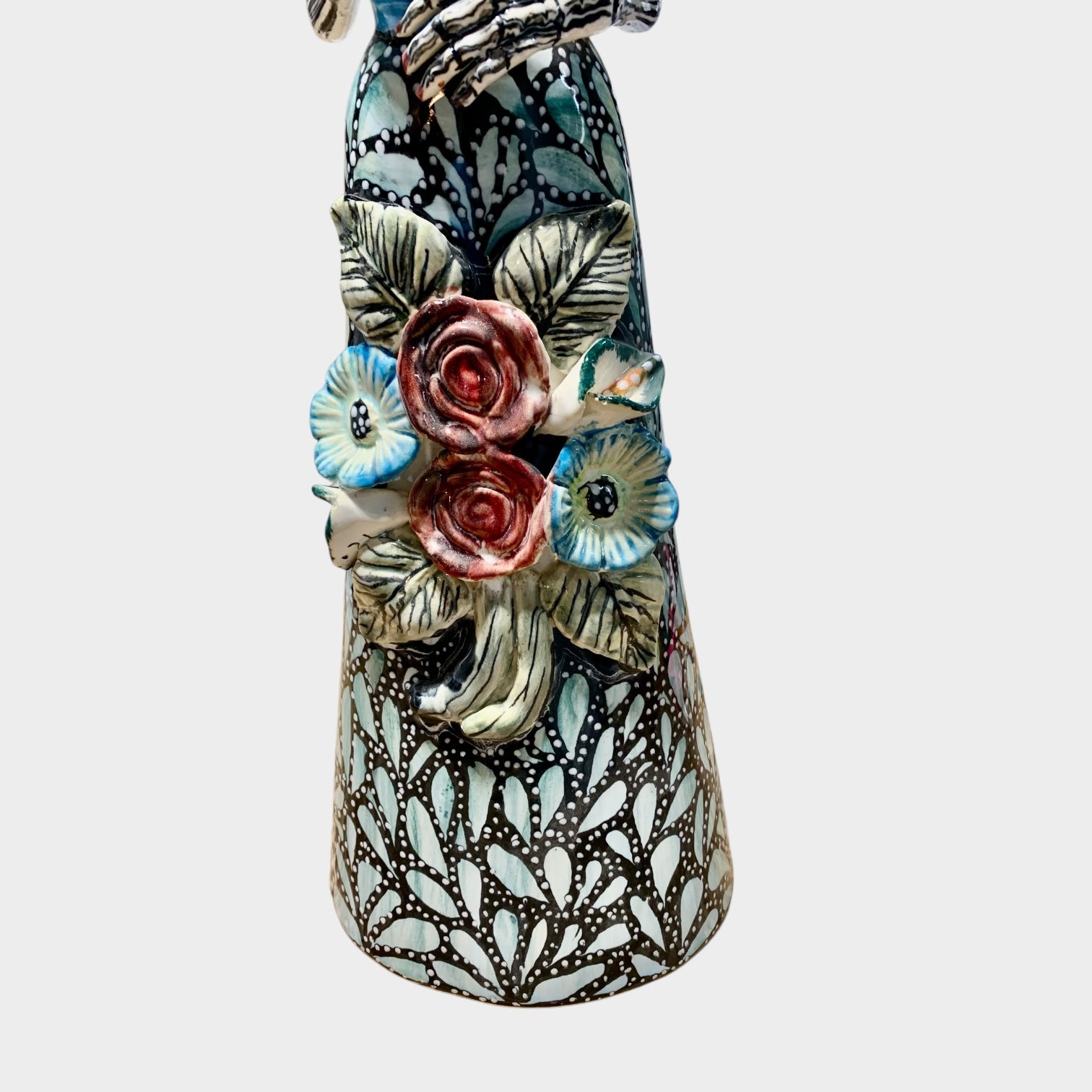 Mexican Talavera Frida, and animal friends Catrina dress floral detail
