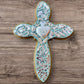 Milagros decorated wood cross light teal