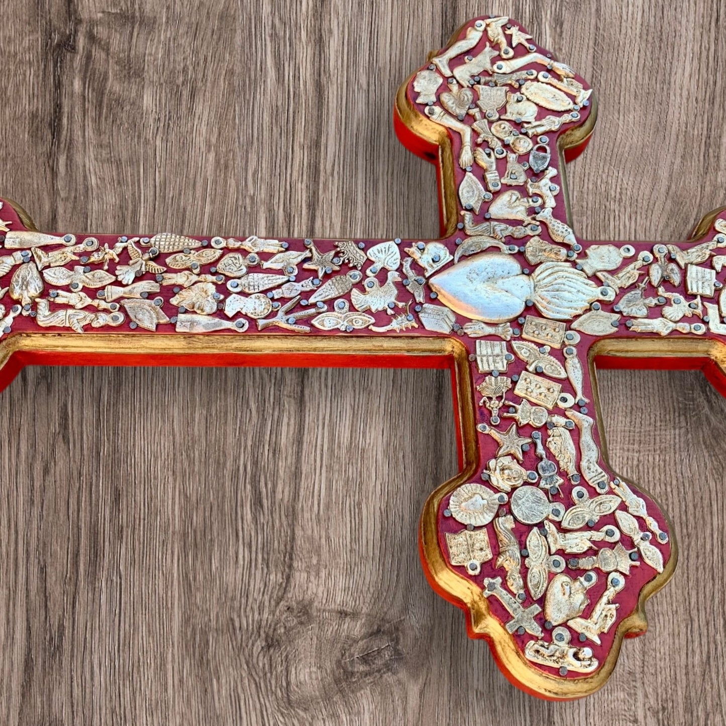 Milagros decorated wood cross right side view