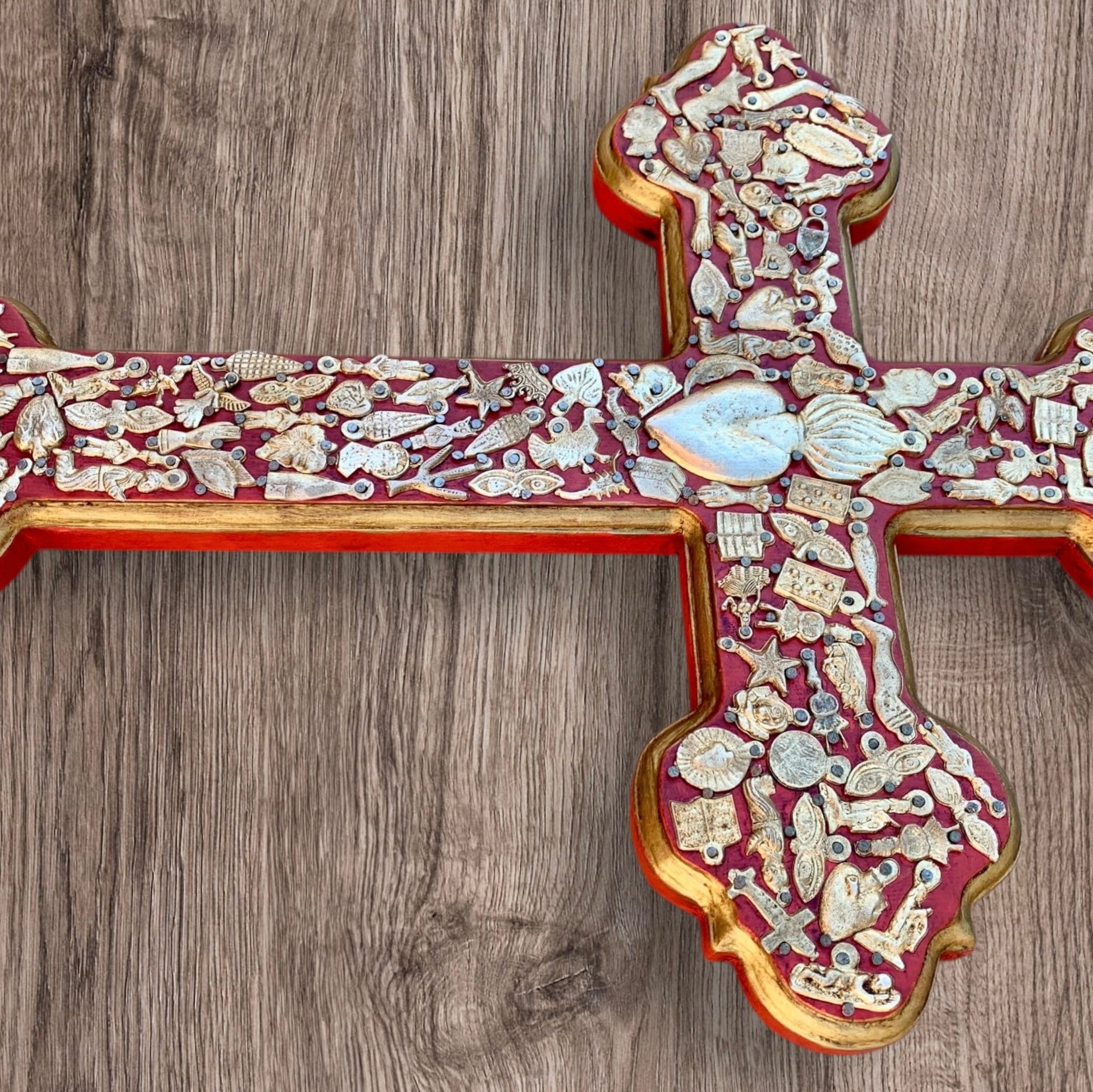 Milagros decorated wood cross right side view