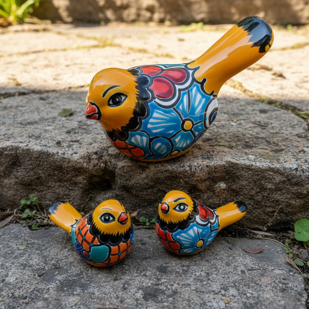 Three hand-painted ceramic bird figurines in yellow, decorated with intricate blue, black, red, green, and orange floral patterns, arranged on a rustic wooden surface top view.