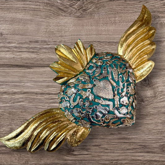 Winged Mexican Milagros Sacred Heart wood wall art