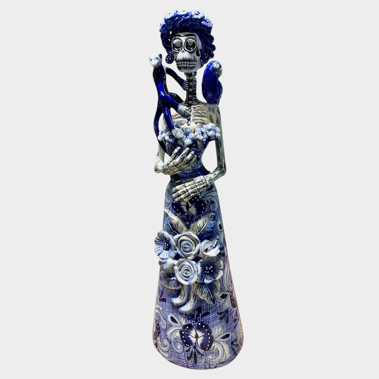 Mexican Talavera Frida, and animal friends Catrina doll blue and white