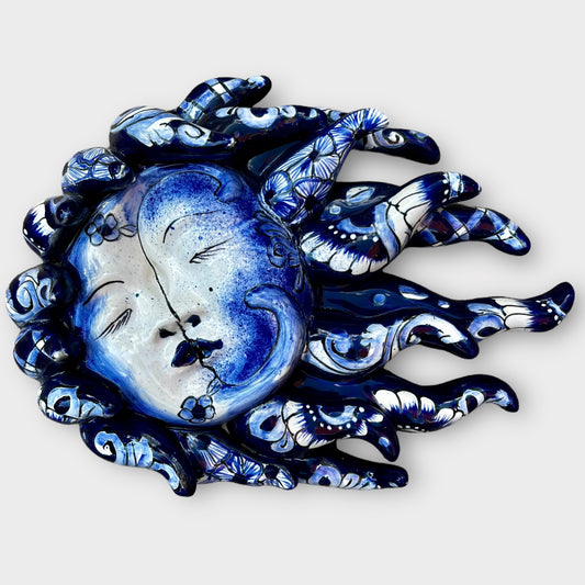 Mexican Talavera, classic blue and white sun moon with wavy rays