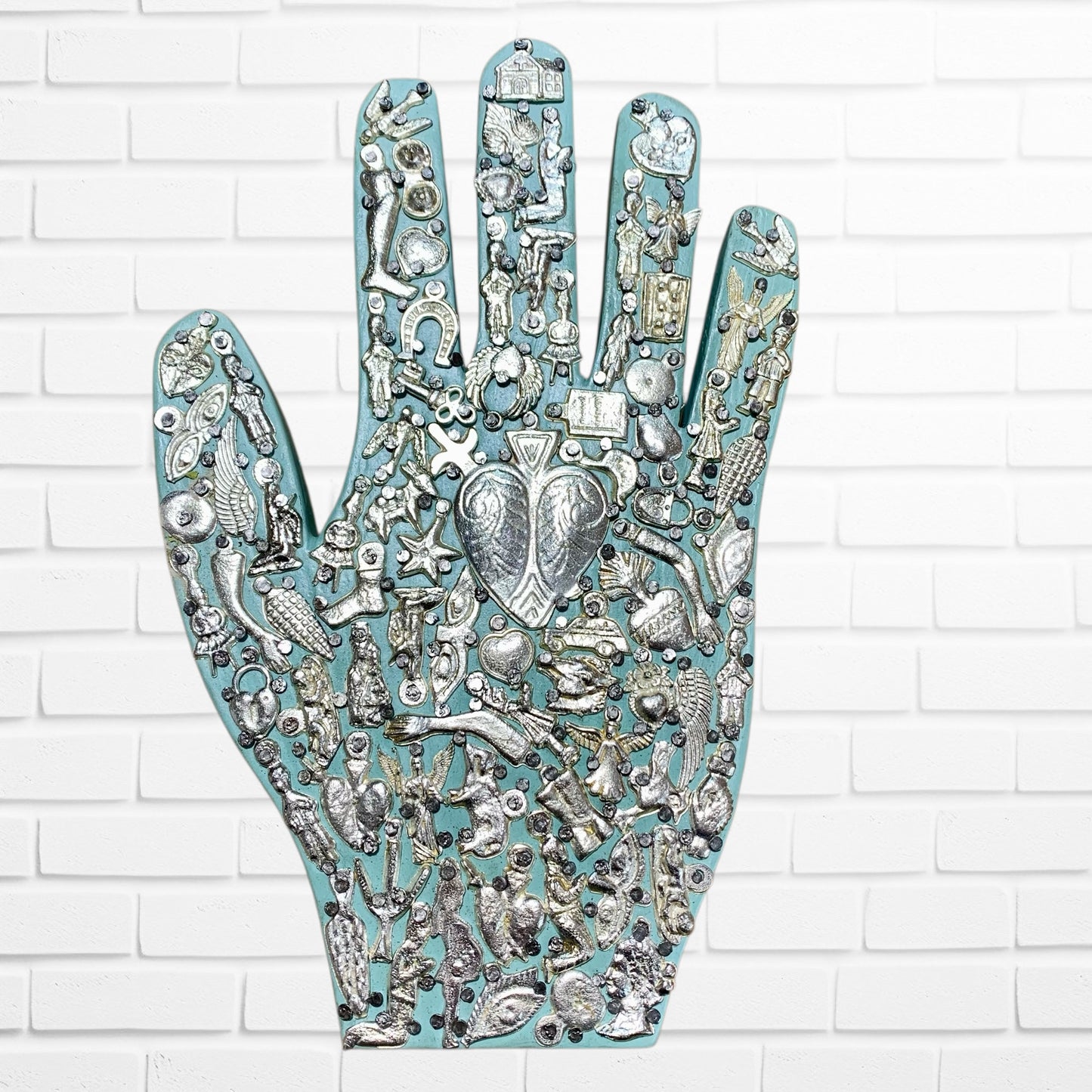 Healing Hand with Milagros charms Teal