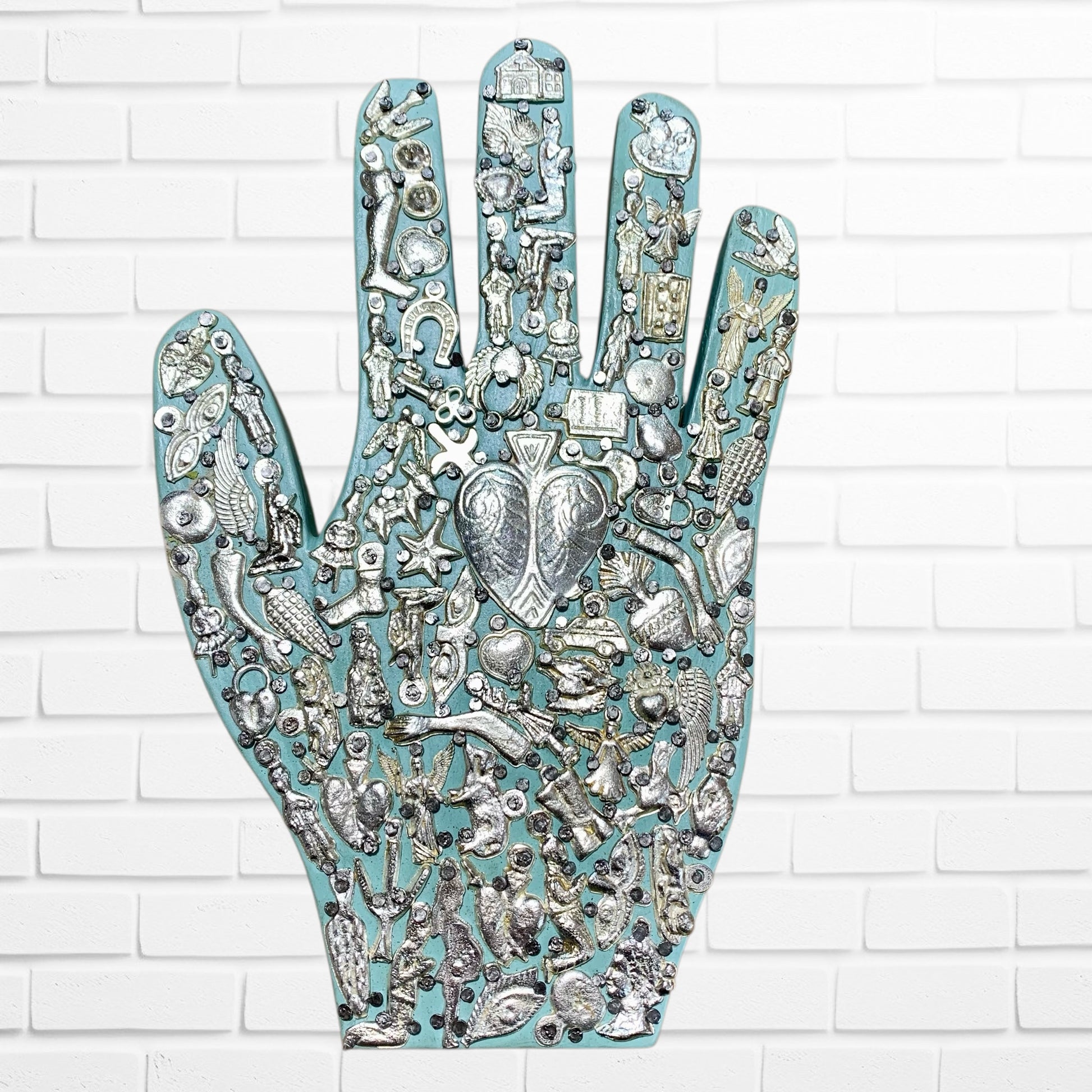 Healing Hand with Milagros charms Teal