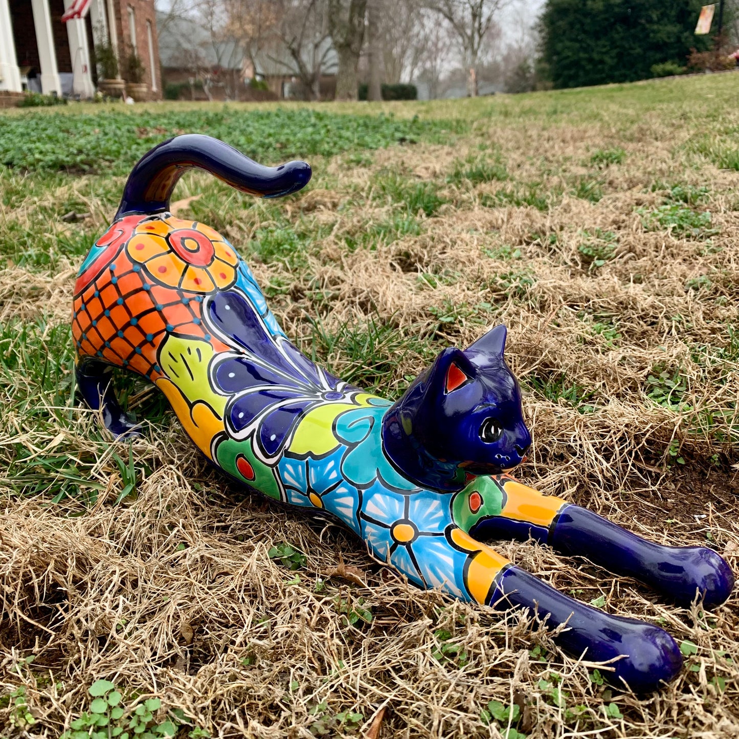 Mexican Talavera large stretching kitty cat in Azul blue