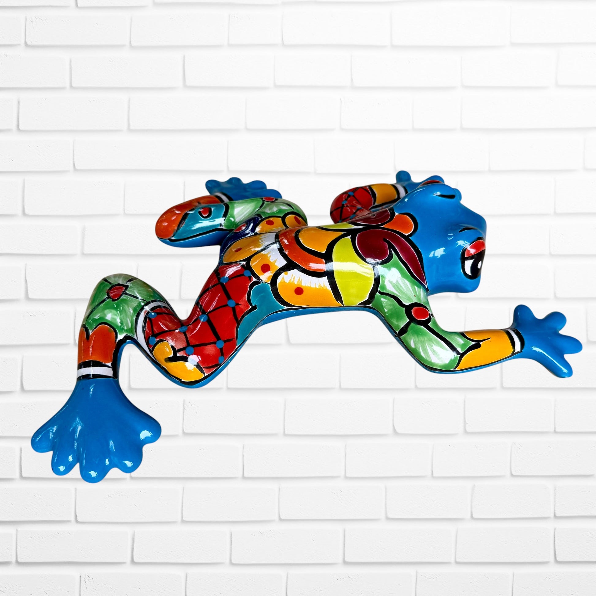 Mexican Talavera wall frog and turquoise left side view
